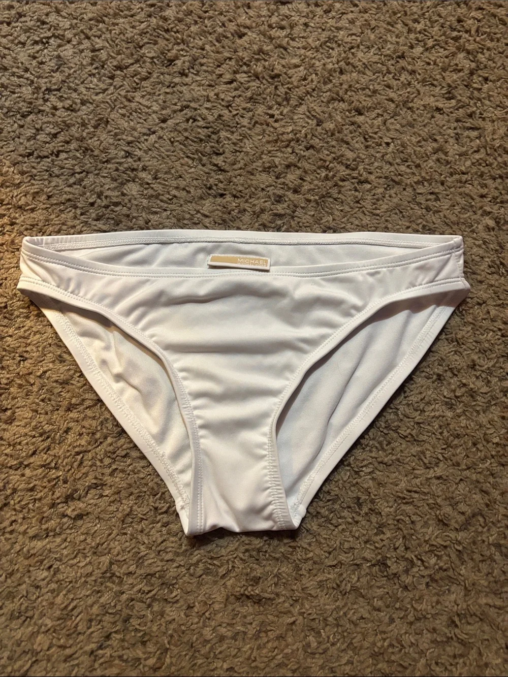 Michael Kors White Bikini Brief with Gold Logo Plaque